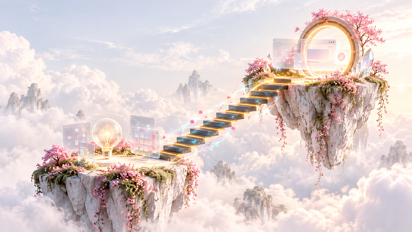 Bright floating ladder path from idea to shipped software